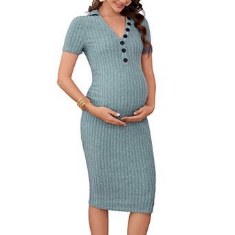 Women's Maternity V Neck Ribbed Knit Midi Dress Short Sleeve Button Bodycon Sweater Nursing Dresses