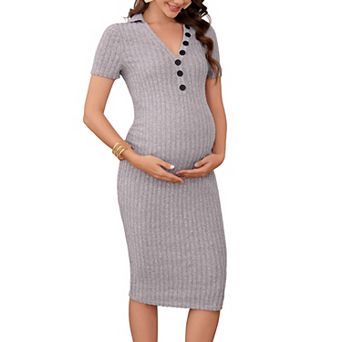 Women's Maternity V Neck Ribbed Knit Midi Dress Short Sleeve Button Bodycon Sweater Nursing Dresses