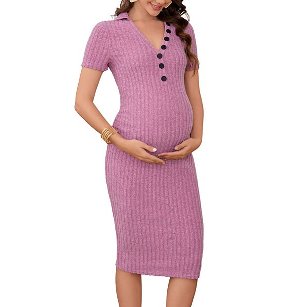 Women's Maternity V Neck Ribbed Knit Midi Dress Short Sleeve Button Bodycon  Sweater Nursing Dresses