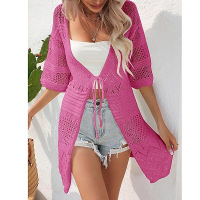 Short Sleeve Crochet Cardigan Tie Front Oversized Cardigans Boho Knitted Boho Beach Cover Ups