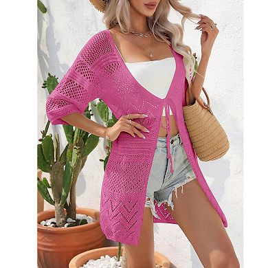 Short Sleeve Crochet Cardigan Tie Front Oversized Cardigans Boho Knitted Boho Beach Cover Ups