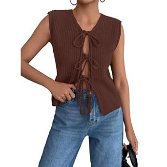 Womens Sweater Vests Summer Tank Tops Cute Trendy Tie Front Crochet Knit Clothes Going Out Tops