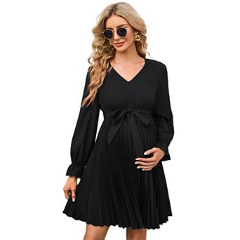 Womens Maternity Long Sleeve Pleated Dress V Neck Ruffle Casual Flowy Belted Midi Dress