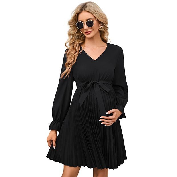 Womens Maternity Long Sleeve Pleated Dress V Neck Ruffle Casual Flowy  Belted Midi Dress
