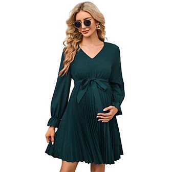 Womens Maternity Long Sleeve Pleated Dress V Neck Ruffle Casual Flowy Belted Midi Dress