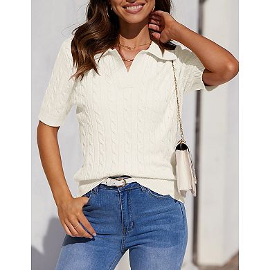 Womens Short Sleeve Sweaters Tops V Neck Lapel Cable Knit Sweater Casual Summer Pullover Shirt