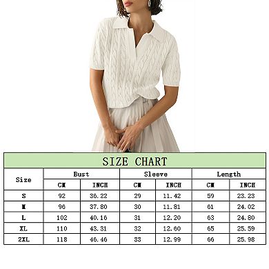 Womens Short Sleeve Sweaters Tops V Neck Lapel Cable Knit Sweater Casual Summer Pullover Shirt