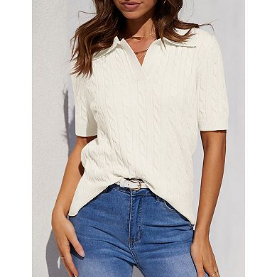 Womens Short Sleeve Sweaters Tops V Neck Lapel Cable Knit Sweater Casual Summer Pullover Shirt