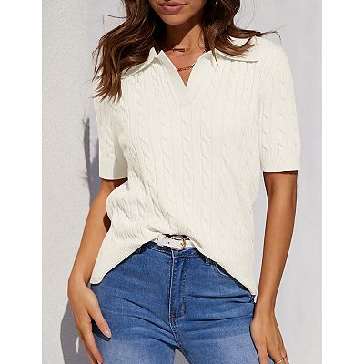 Womens Short Sleeve Sweaters Tops V Neck Lapel Cable Knit Sweater Casual Summer Pullover Shirt