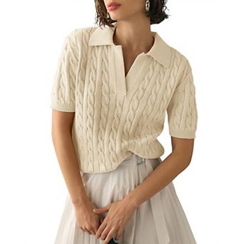 Womens Short Sleeve Sweaters Tops V Neck Lapel Cable Knit Sweater Casual Summer Pullover Shirt