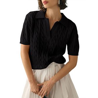 Womens Short Sleeve Sweaters Tops V Neck Lapel Cable Knit Sweater Casual Summer Pullover Shirt