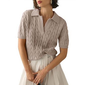 Womens Short Sleeve Sweaters Tops V Neck Lapel Cable Knit Sweater Casual Summer Pullover Shirt