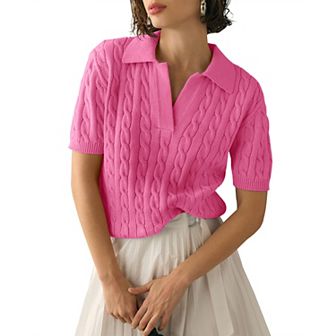 Womens Short Sleeve Sweaters Tops V Neck Lapel Cable Knit Sweater Casual Summer Pullover Shirt