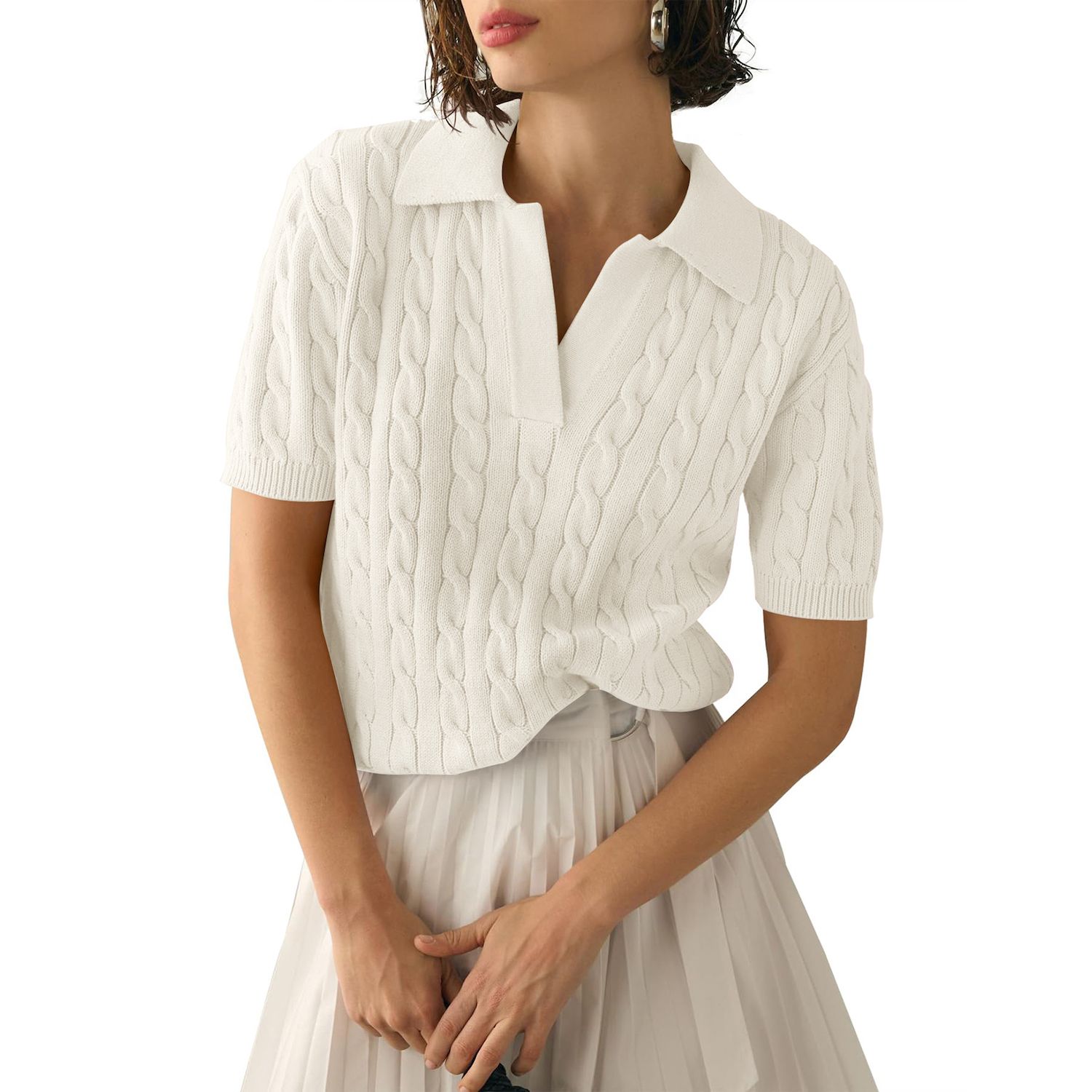 thumbnail image 2 of Women's Short Sleeve V-Neck Cable Knit Sweater - Casual Summer Pullover Top (100% Acrylic) 2 of 11