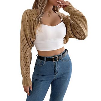 Women Y2K Crochet Shrug Sweater Crop Cardigans Drop Shoulder Knit Bolero Sweater