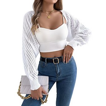 Women Y2K Crochet Shrug Sweater Crop Cardigans Drop Shoulder Knit Bolero Sweater