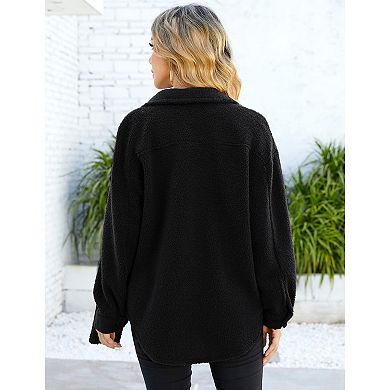 Shaggy Faux Fur Jacket with Pockets Long Sleeve Button Shirts Jacket for Women