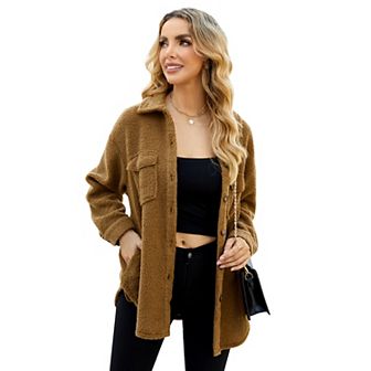 Shaggy Faux Fur Jacket with Pockets Long Sleeve Button Shirts Jacket for Women