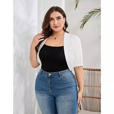 Plus Size Cardigan Shrug For Women Casual Short Sleeve Open Front Solid Curved Cardigan