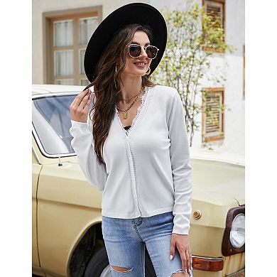 Womens Long Sleeve Open Front Cardigans Button Down Lace V Neck Knit Cardigan Sweater Outwear Coats