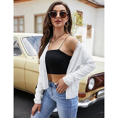 Womens Long Sleeve Open Front Cardigans Button Down Lace V Neck Knit Cardigan Sweater Outwear Coats