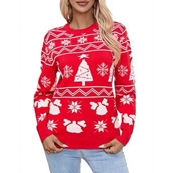 Women's Festive Reindeer & Snowflake Christmas Sweater Crew Neck Knitted Holiday Pullover