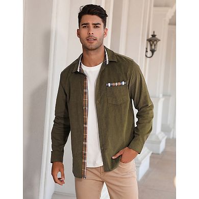 Men's Casual Shirt Corduroy Plaid Button Down Work Shirt Jacket with Pocket Shirts
