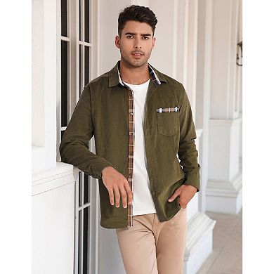 Men's Casual Shirt Corduroy Plaid Button Down Work Shirt Jacket with Pocket Shirts