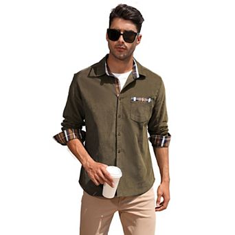Men's Casual Shirt Corduroy Plaid Button Down Work Shirt Jacket with Pocket Shirts