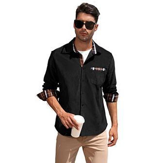 Men's Casual Shirt Corduroy Plaid Button Down Work Shirt Jacket with Pocket Shirts
