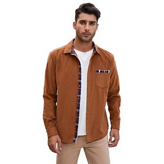 Men's Casual Shirt Corduroy Plaid Button Down Work Shirt Jacket with Pocket Shirts