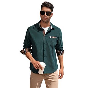 Men's Casual Shirt Corduroy Plaid Button Down Work Shirt Jacket with Pocket Shirts