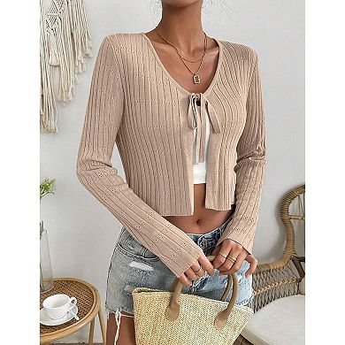 Womens Lightweight Long Sleeve Cardigan Tie Front Shrugs Knit Cardigan Crop Tops