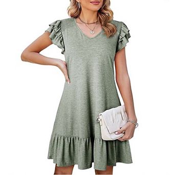 Women's V Neck Smocked Ruffle Short Sleeve Loose Fit A Line Casual Mini Summer Dress