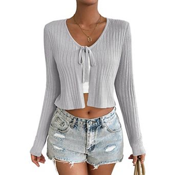 Womens Lightweight Long Sleeve Cardigan Tie Front Shrugs Knit Cardigan Crop Tops
