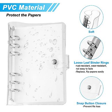 Soft Clear Binder Cover with Snap Button Closure 6 Ring, Silver Tone,4Pcs