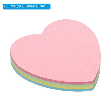 Heart Shape Sticky Notes, 3 Pads Self-stick Memo Pads Bright Colorful 100 Sheets/pad For Home Office