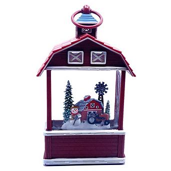 Christmas Snow Glitter Barn With Snowman With Tractor