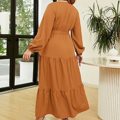 Women Plus Size V Neck Wrap Maxi Dress High Waist Ruffle Summer Casual Dress with Belt Long Sleeve