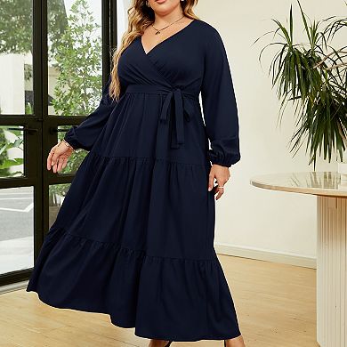 Women Plus Size V Neck Wrap Maxi Dress High Waist Ruffle Summer Casual Dress with Belt Long Sleeve