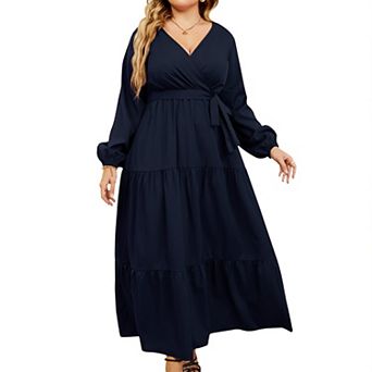 Women Plus Size V Neck Wrap Maxi Dress High Waist Ruffle Summer Casual Dress with Belt Long Sleeve