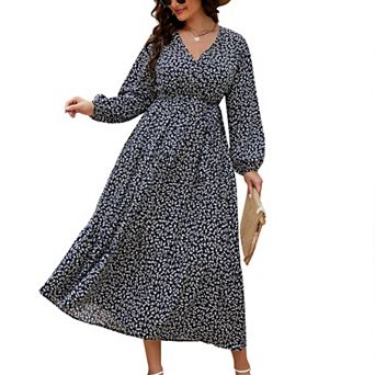 Women Plus Size V Neck Wrap Maxi Dress High Waist Ruffle Summer Casual Dress with Belt Long Sleeve