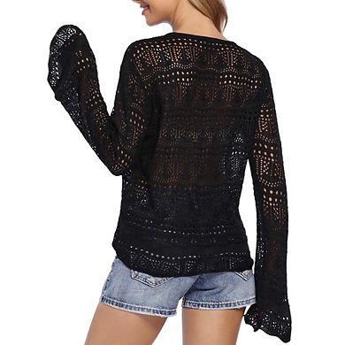 Crochet Top Womens Boho Sheer Crop Tops Drawstring Knitted Cover Up Blouse Bell Sleeve Beachwear