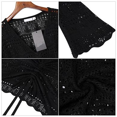 Crochet Top Womens Boho Sheer Crop Tops Drawstring Knitted Cover Up Blouse Bell Sleeve Beachwear