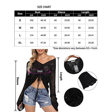 Crochet Top Womens Boho Sheer Crop Tops Drawstring Knitted Cover Up Blouse Bell Sleeve Beachwear