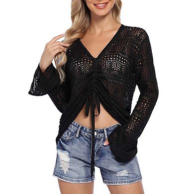 Crochet Top Womens Boho Sheer Crop Tops Drawstring Knitted Cover Up Blouse Bell Sleeve Beachwear