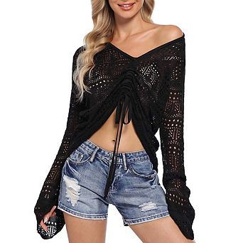 Crochet Top Womens Boho Sheer Crop Tops Drawstring Knitted Cover Up Blouse Bell Sleeve Beachwear