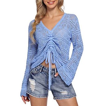 Crochet Top Womens Boho Sheer Crop Tops Drawstring Knitted Cover Up Blouse Bell Sleeve Beachwear