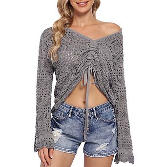 Crochet Top Womens Boho Sheer Crop Tops Drawstring Knitted Cover Up Blouse Bell Sleeve Beachwear