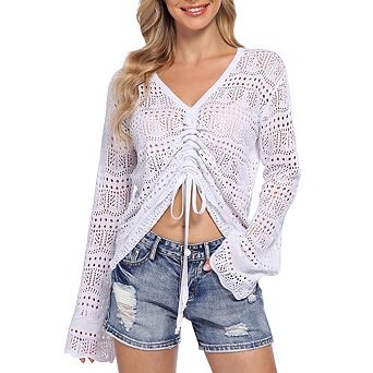 Crochet Top Womens Boho Sheer Crop Tops Drawstring Knitted Cover Up Blouse Bell Sleeve Beachwear